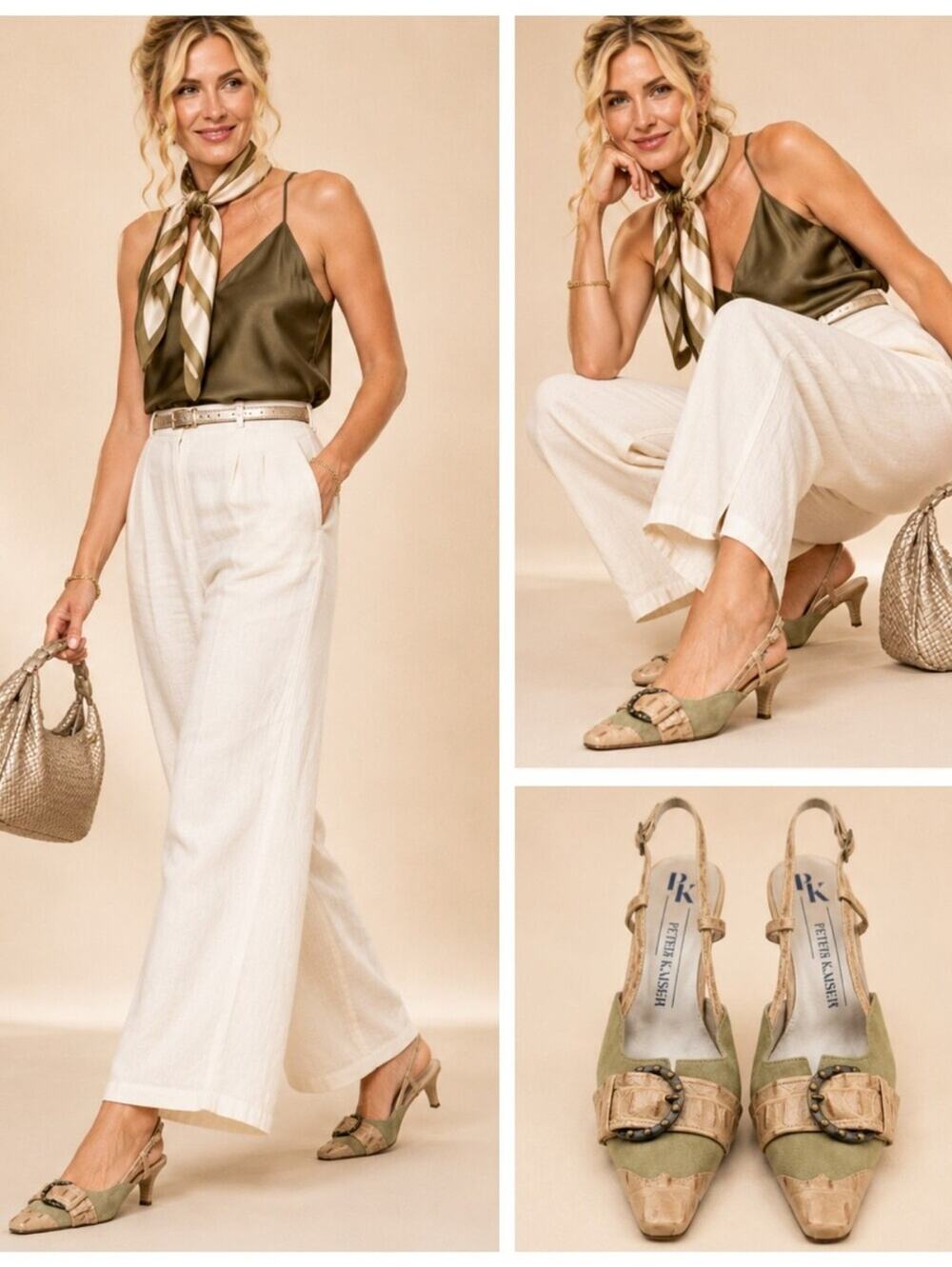 Peter Kaiser Olive Green Suede Croc Leather Slingback Heels Size 7 EUC S4213